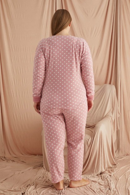 Pembe Grace Desenli Büyük Beden Battal Peluş Pijama Takımı - 3