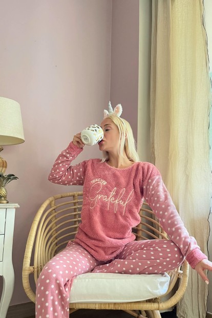 Pembe Grateful Desenli Kadın Peluş Pijama Takımı - 2