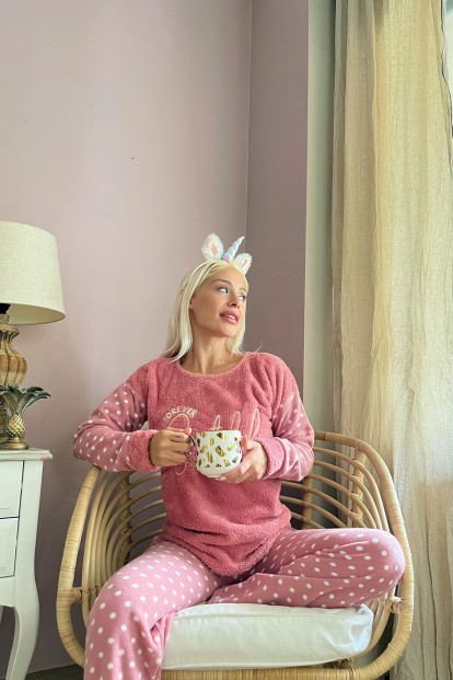 Pembe Grateful Desenli Kadın Peluş Pijama Takımı - 3