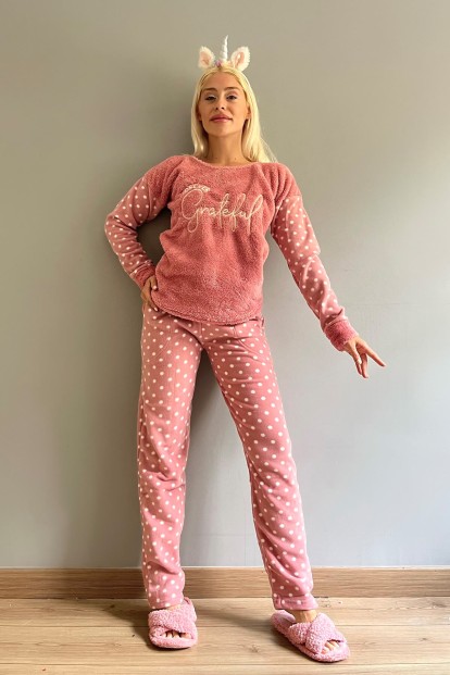 Pembe Grateful Desenli Kadın Peluş Pijama Takımı - 4
