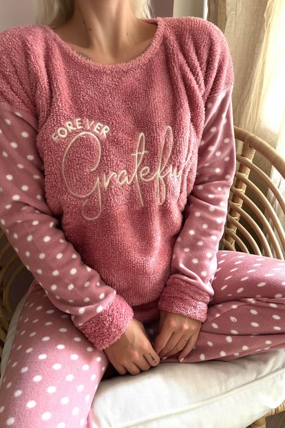 Pembe Grateful Desenli Kadın Peluş Pijama Takımı - 5