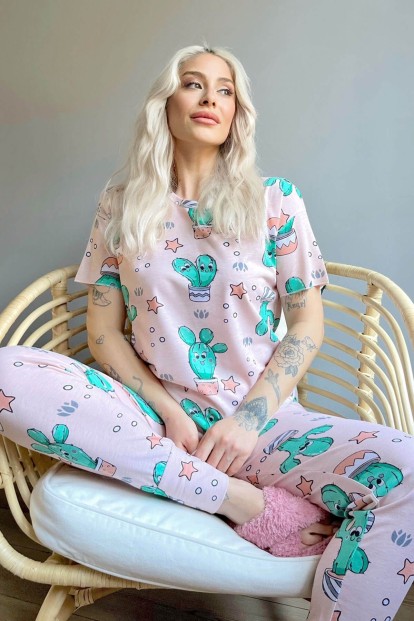Pembe Happy Cactus Baskılı Kısa Kollu Kadın Pijama Takımı - 1