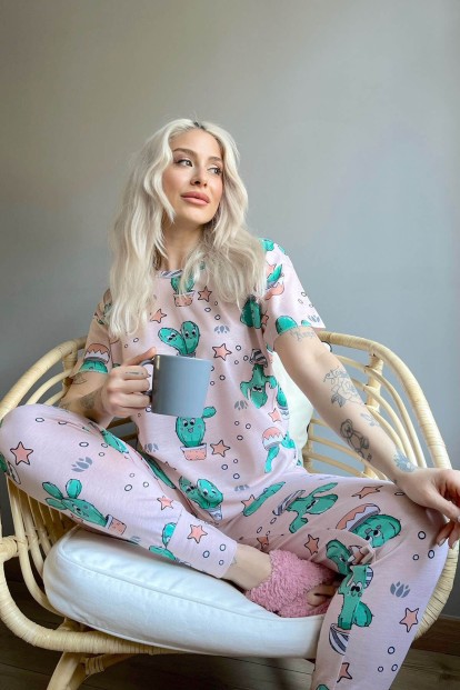 Pembe Happy Cactus Baskılı Kısa Kollu Kadın Pijama Takımı - 2