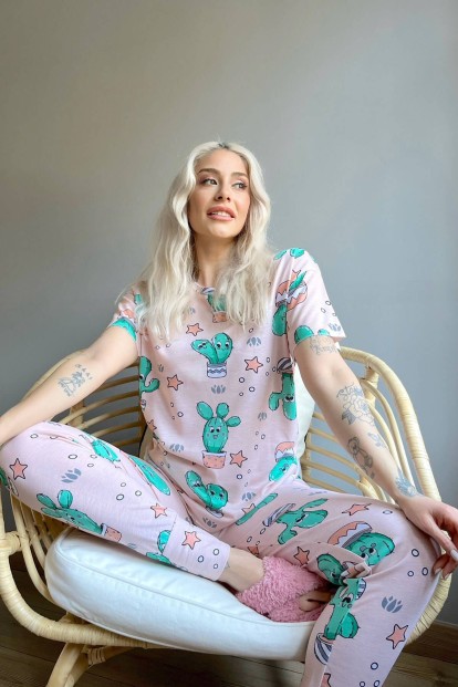 Pembe Happy Cactus Baskılı Kısa Kollu Kadın Pijama Takımı - 3