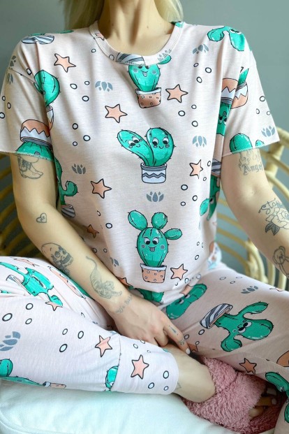 Pembe Happy Cactus Baskılı Kısa Kollu Kadın Pijama Takımı - 4