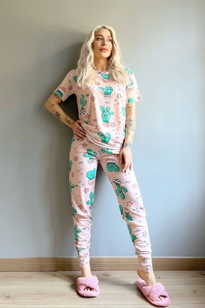 Pembe Happy Cactus Baskılı Kısa Kollu Kadın Pijama Takımı - 5