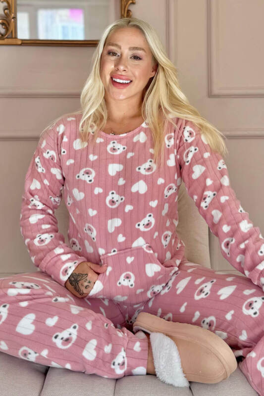 Pembe Heart Bear Desenli Kanguru Cepli Peluş Polar Pijama Takımı - Pijamaevi