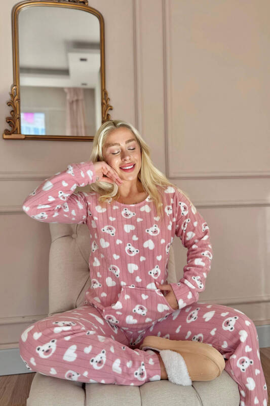 Pembe Heart Bear Desenli Kanguru Cepli Peluş Polar Pijama Takımı - Pijamaevi (2)