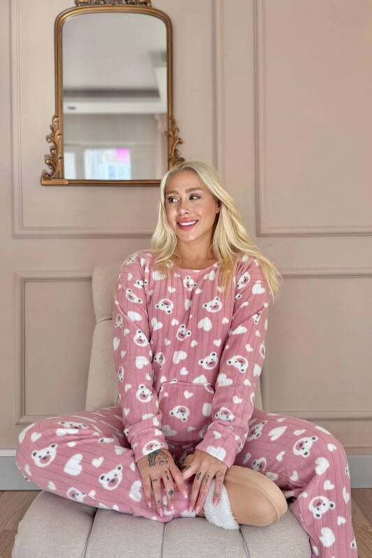Pembe Heart Bear Desenli Kanguru Cepli Peluş Polar Pijama Takımı - Pijamaevi (3)