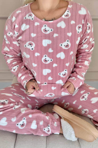 Pembe Heart Bear Desenli Kanguru Cepli Peluş Polar Pijama Takımı - 5