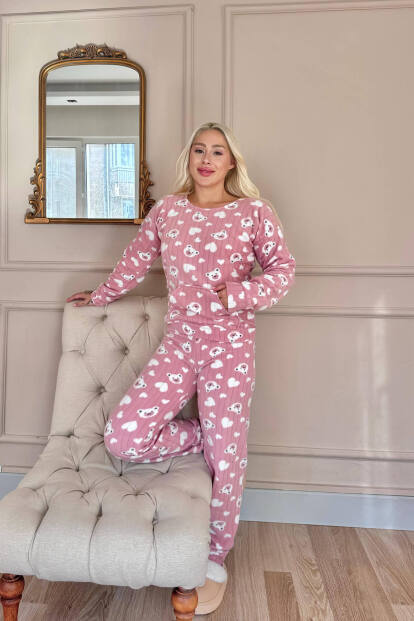 Pembe Heart Bear Desenli Kanguru Cepli Peluş Polar Pijama Takımı - 6