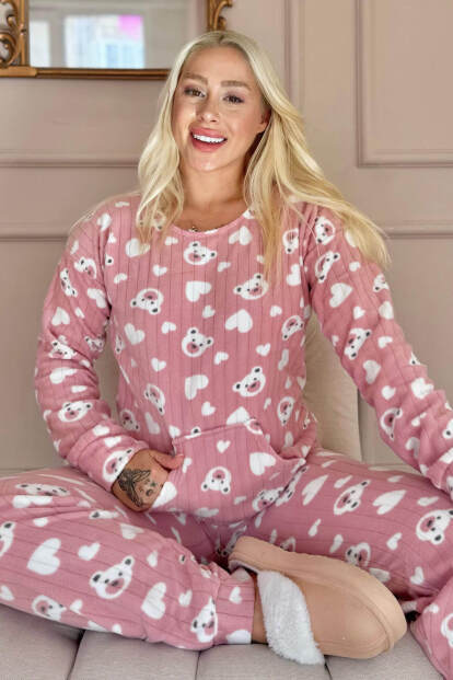 Pembe Heart Bear Desenli Kanguru Cepli Peluş Polar Pijama Takımı - 7