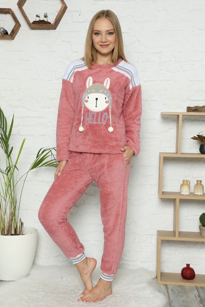 Pembe Hello Desenli Tam Peluş Pijama Takımı - 2