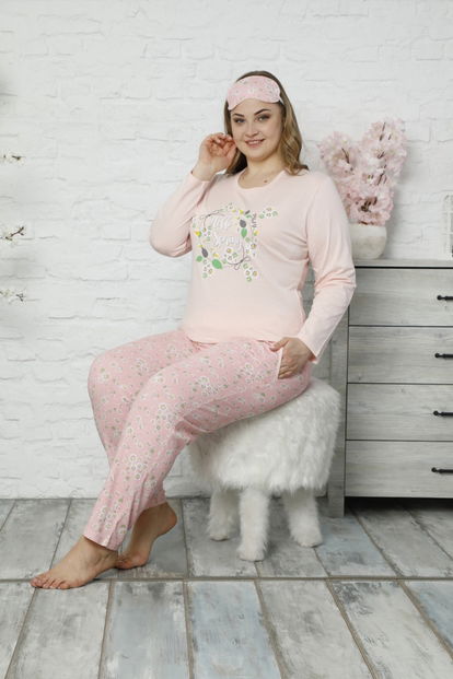 Pembe Hello Spring Uzun Kollu Büyük Beden Battal Pijama Takımı - 1