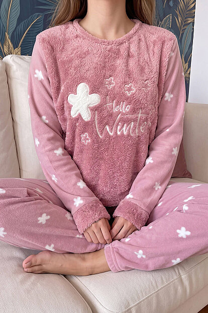 Pembe Hello Winter Desenli Kadın Peluş Pijama Takımı - 5