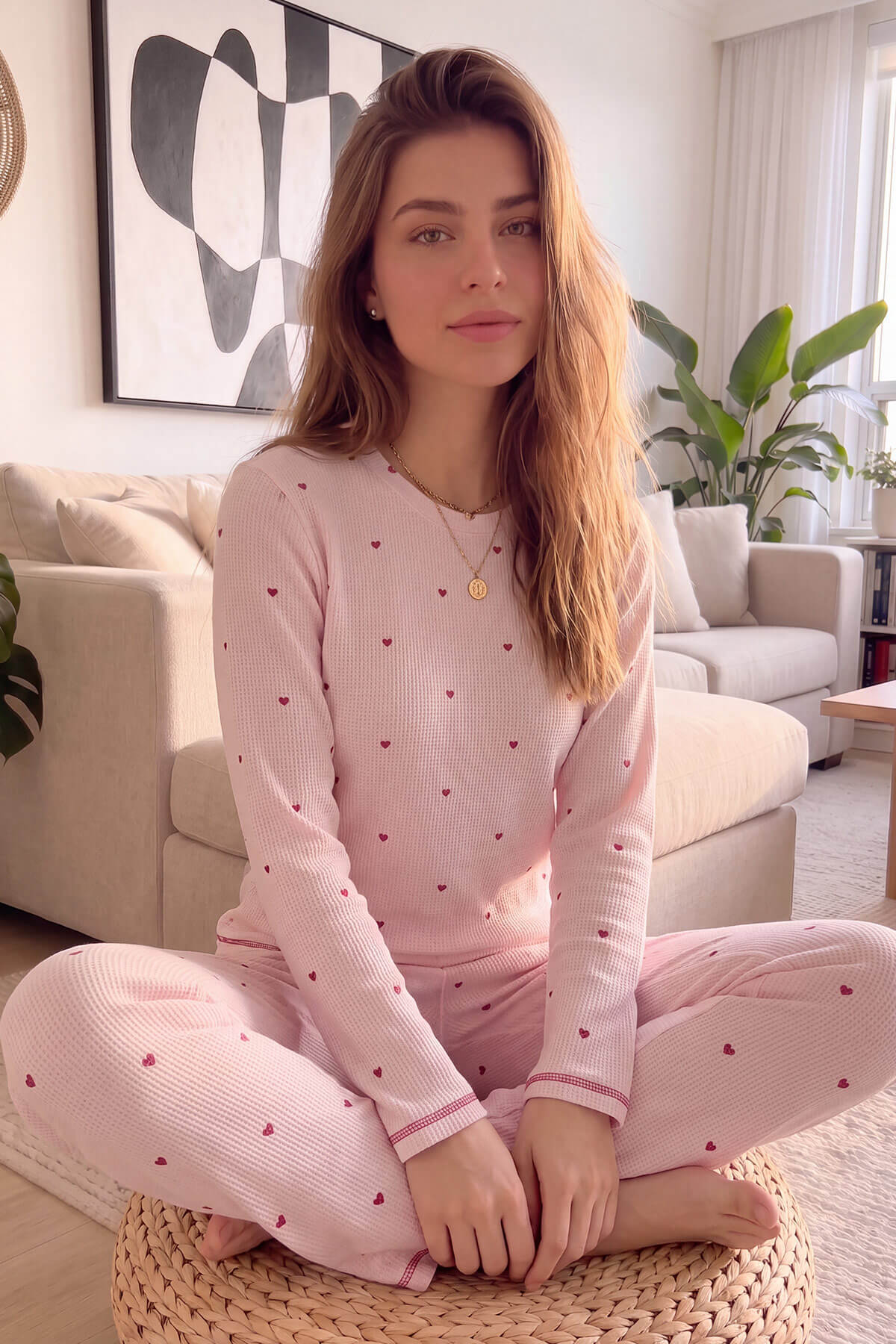 Pembe Hellus Desenli Waffle Soft Uzun Kollu Kadın Pijama Takım - Pijamaevi (2)