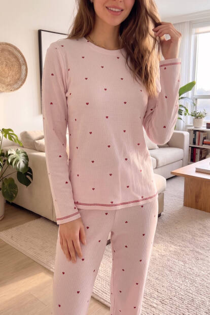 Pembe Hellus Desenli Waffle Soft Uzun Kollu Kadın Pijama Takım - 5