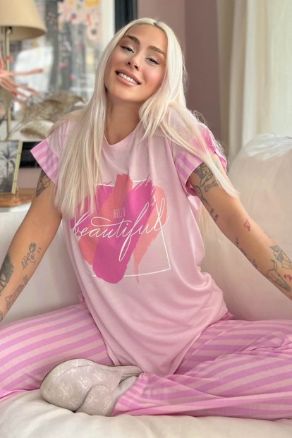 Pembe Hi Beautiful Baskılı Örme Kısa Kol Kadın Pijama Takımı - 1
