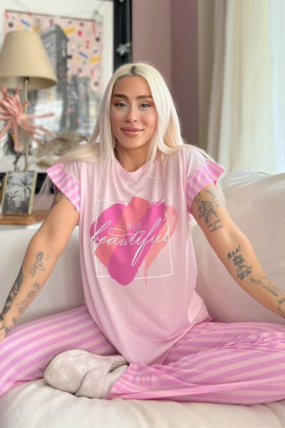 Pembe Hi Beautiful Baskılı Örme Kısa Kol Kadın Pijama Takımı - 2