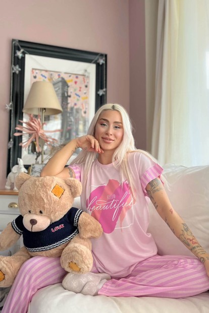 Pembe Hi Beautiful Baskılı Örme Kısa Kol Kadın Pijama Takımı - 3