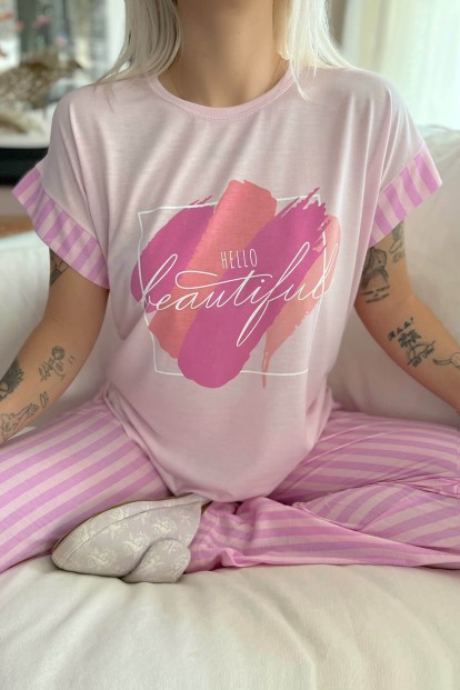 Pembe Hi Beautiful Baskılı Örme Kısa Kol Kadın Pijama Takımı - 4