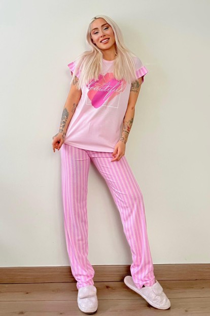 Pembe Hi Beautiful Baskılı Örme Kısa Kol Kadın Pijama Takımı - 5