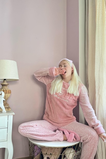 Pembe Hope Desenli Kadın Peluş Pijama Takımı - 2