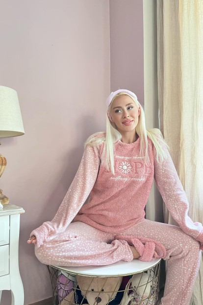 Pembe Hope Desenli Kadın Peluş Pijama Takımı - 3