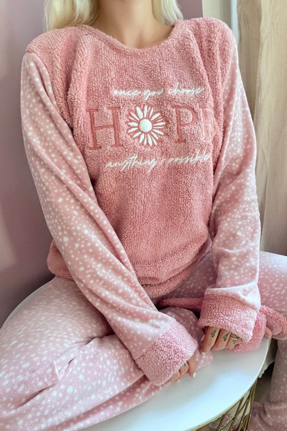 Pembe Hope Desenli Kadın Peluş Pijama Takımı - 4