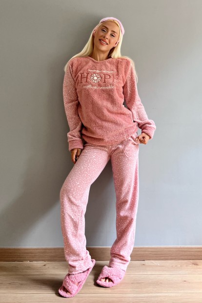 Pembe Hope Desenli Kadın Peluş Pijama Takımı - 5