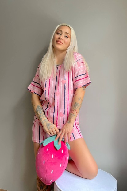 Pembe Kalp Çizgi Baskılı Şortlu Kadın Pijama Takımı - 2