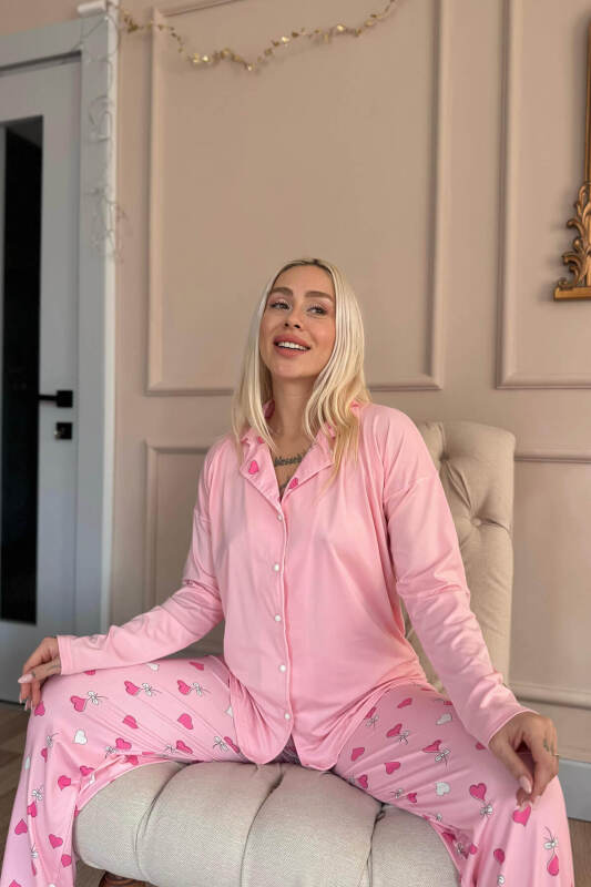 Pembe Kalp Desenli Bambu Önden Düğmeli Uzun Kol Kadın Pijama Takımı - Pijamaevi (2)