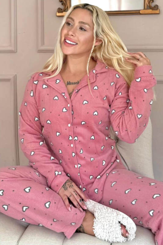 Pembe Kalp Desenli Önden Düğmeli Peluş Polar Pijama Takımı - Pijamaevi