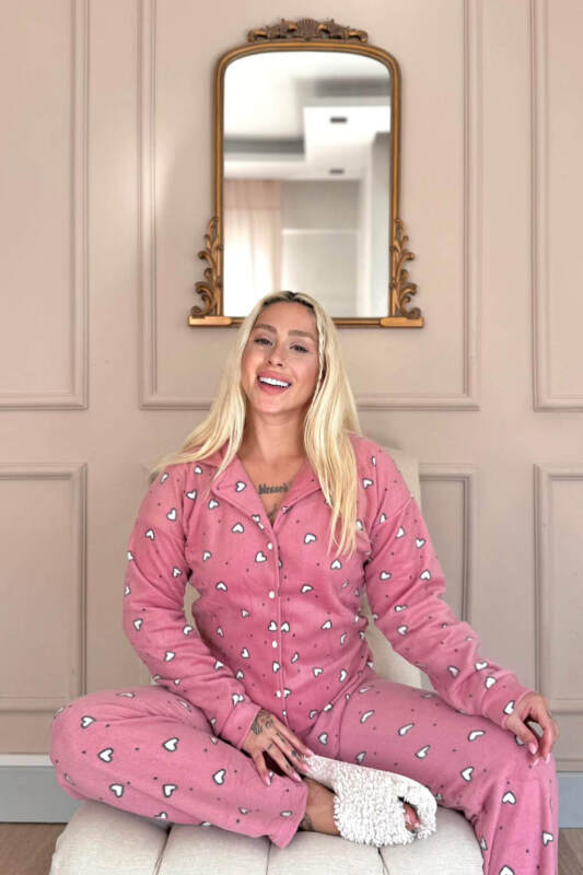 Pembe Kalp Desenli Önden Düğmeli Peluş Polar Pijama Takımı - Pijamaevi (1)