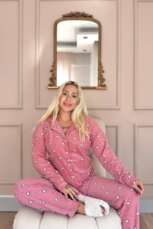 Pembe Kalp Desenli Önden Düğmeli Peluş Polar Pijama Takımı - Pijamaevi (3)