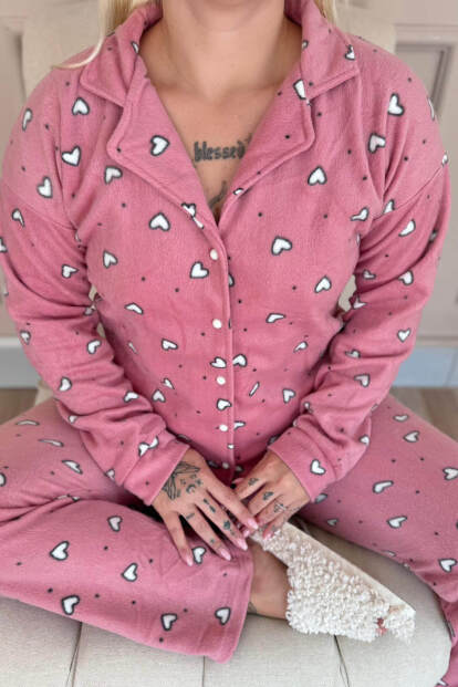 Pembe Kalp Desenli Önden Düğmeli Peluş Polar Pijama Takımı - 5