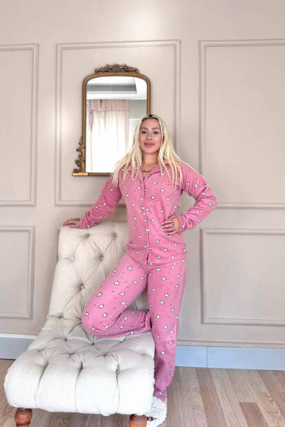 Pembe Kalp Desenli Önden Düğmeli Peluş Polar Pijama Takımı - 6