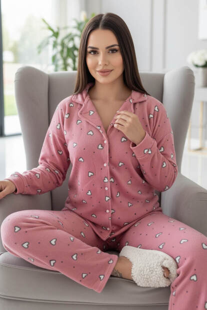 Pembe Kalp Desenli Önden Düğmeli Peluş Polar Pijama Takımı - 3