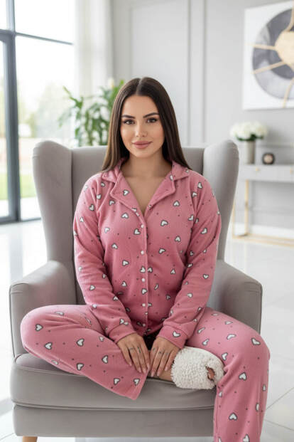 Pembe Kalp Desenli Önden Düğmeli Peluş Polar Pijama Takımı - 4