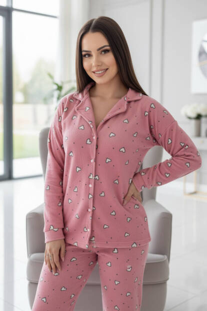 Pembe Kalp Desenli Önden Düğmeli Peluş Polar Pijama Takımı - 5