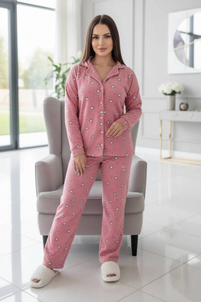 Pembe Kalp Desenli Önden Düğmeli Peluş Polar Pijama Takımı - 6