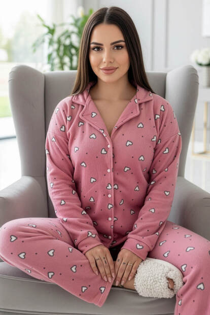 Pembe Kalp Desenli Önden Düğmeli Peluş Polar Pijama Takımı - 7