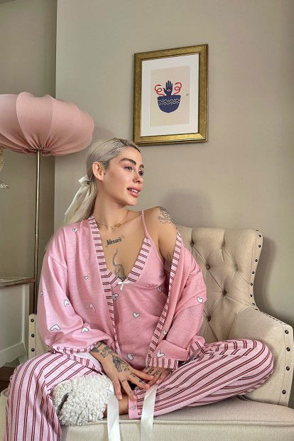 Pembe Kalp Desenli Sabahlıklı Örme Pijama Takımı - 2