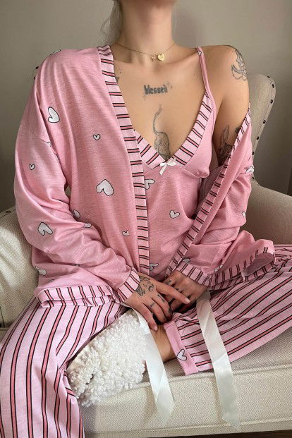 Pembe Kalp Desenli Sabahlıklı Örme Pijama Takımı - 4