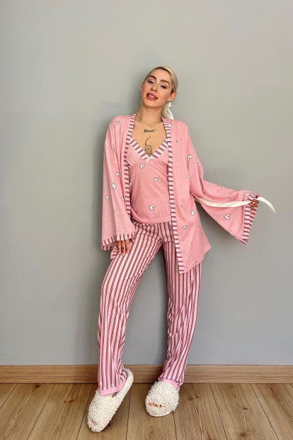 Pembe Kalp Desenli Sabahlıklı Örme Pijama Takımı - 5