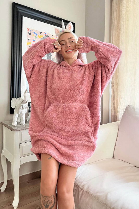 Pembe Kapşonlu Tam Peluş Oversize Sweat Panço Pijama - Pijamaevi (2)