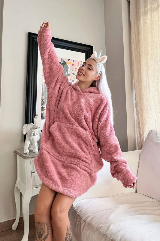 Pembe Kapşonlu Tam Peluş Oversize Sweat Panço Pijama - Pijamaevi (3)