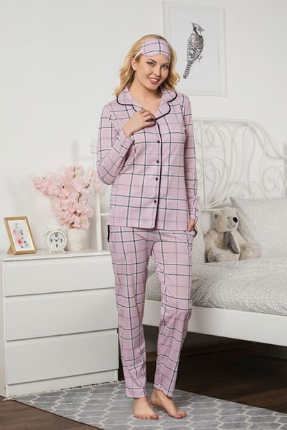 Pembe Kareli Önden Düğmeli Uzun Kollu Pijama Takımı - 2