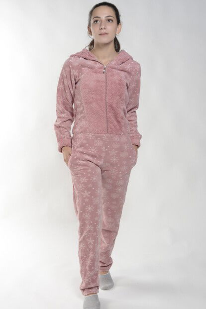 Pembe Kartanesi Desenli Kadın Polar Peluş Tulum Pijama Takımı - 2