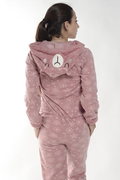 Pembe Kartanesi Desenli Kadın Polar Peluş Tulum Pijama Takımı - 3